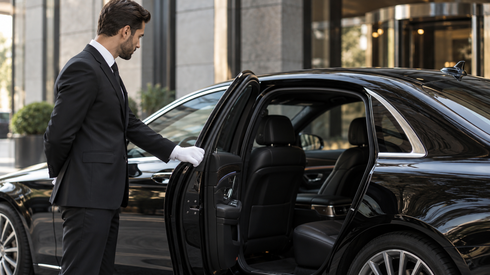 Professional chauffeur opening a luxury sedan door