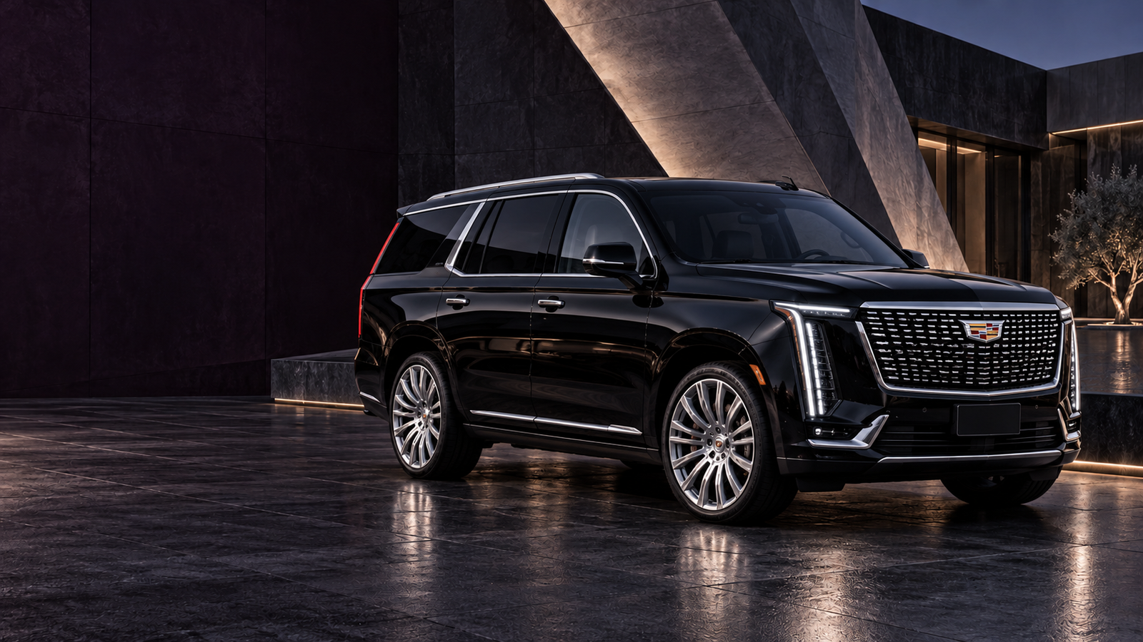 Black Cadillac Escalade in an architectural setting